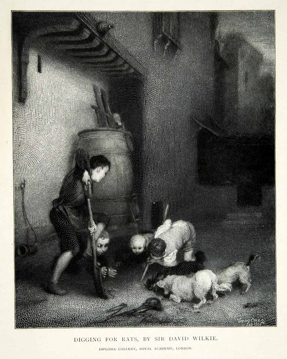 1902 Wood Engraving David Wilkie Romanticism Art Boys Digging Rats XAFA9