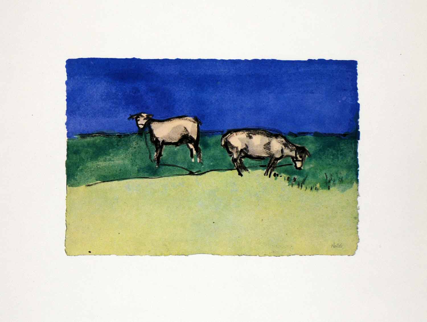 1966 Print Emil Nolde 1909 Sheep Livestock Watercolor Expressionism Painting Art