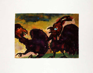 1966 Print Emil Nolde Two Cocks Watercolor Expressionism Rooster Painting Art