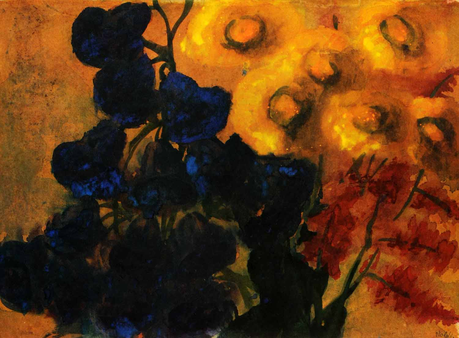 1966 Print Emil Nolde Watercolor Flower Modern Art Bluebells Marigolds Astilbes - Period Paper
