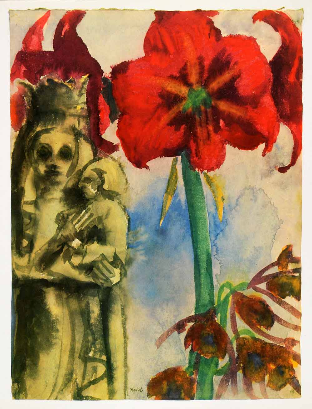 1966 Print Emil Nolde Art Madonna Amaryllis Watercolor Botanical Religious Mary