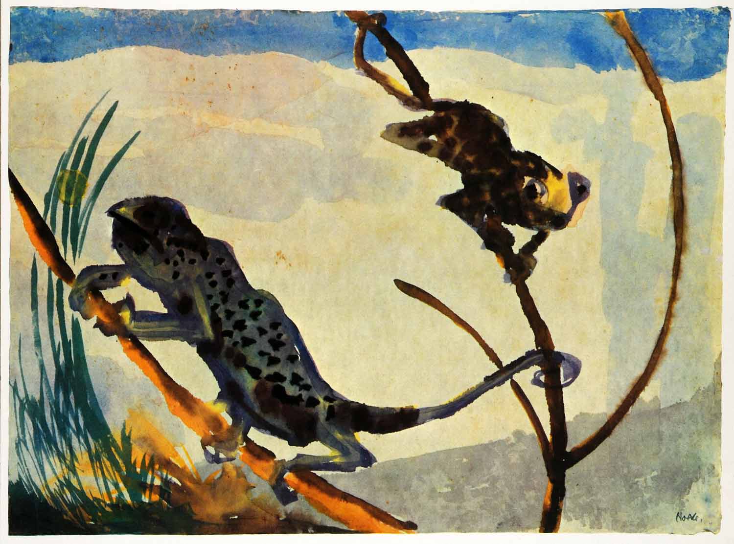 1966 Print Emil Nolde Chameleons Wildlife Watercolor Modern Reptile Lizard Art