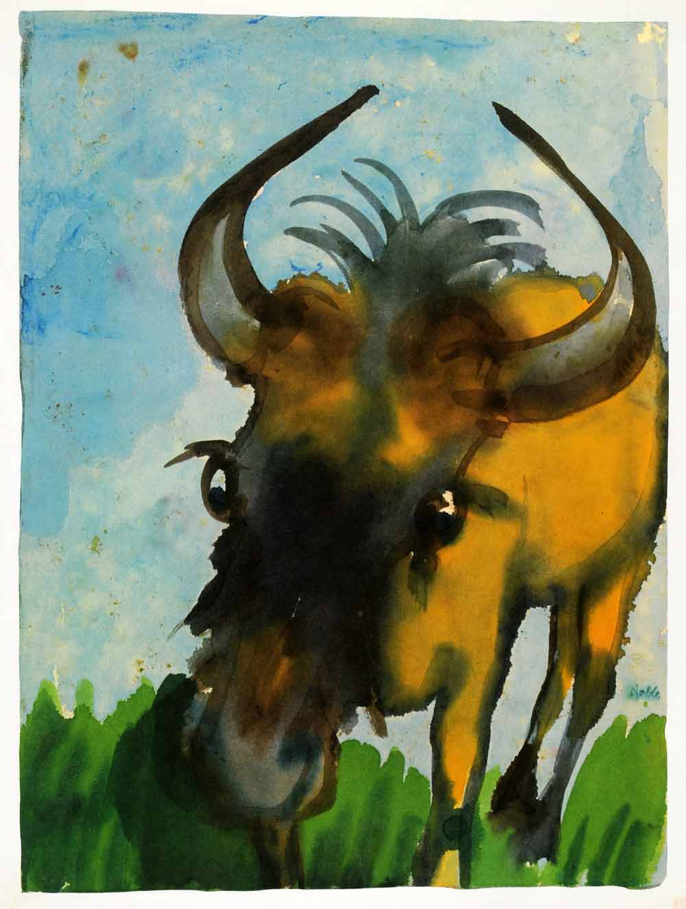 1966 Print Emil Nolde Wild African Gnu Oxen Watercolor Modern Expressionism Art