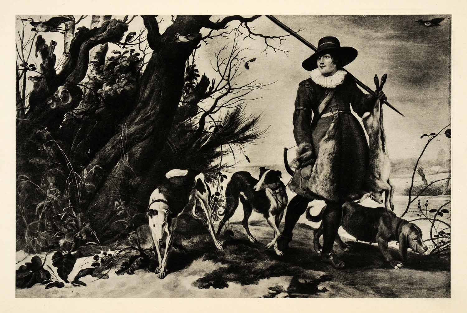 1939 Photogravure Jan Wildens Winter Landscape Hunter Dog Rabbit Sportsman XAG5