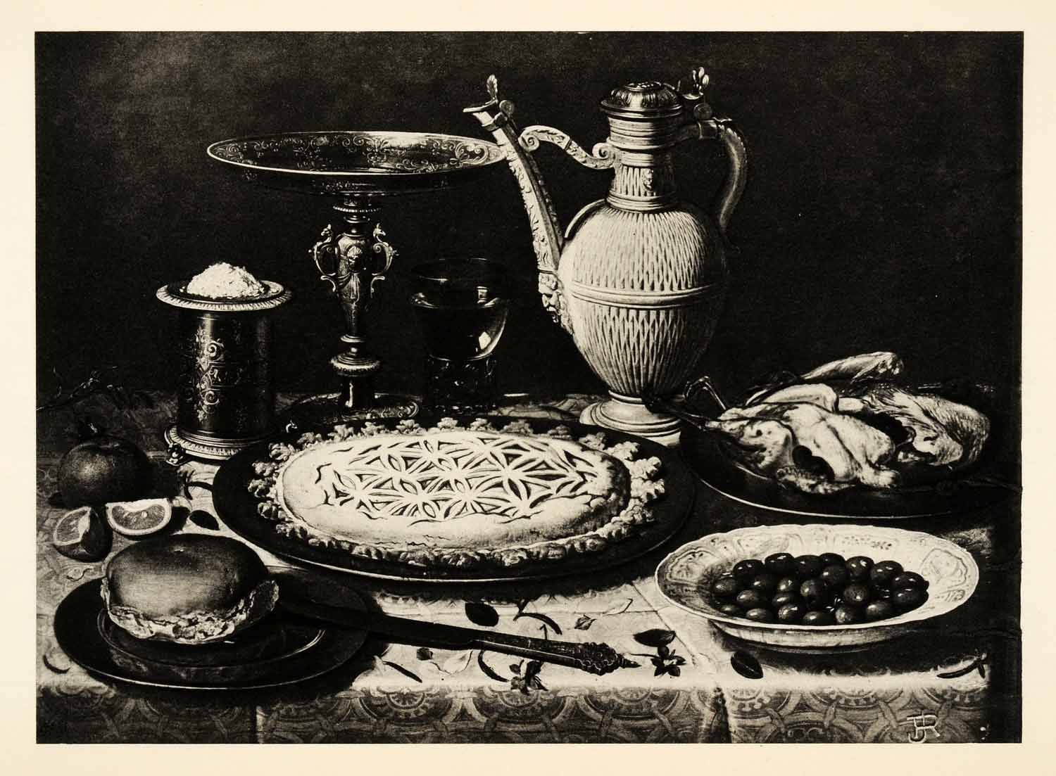 1939 Photogravure Clara Peeters Still Life Cake Roast Fowl Tea Pie Fruit XAG5