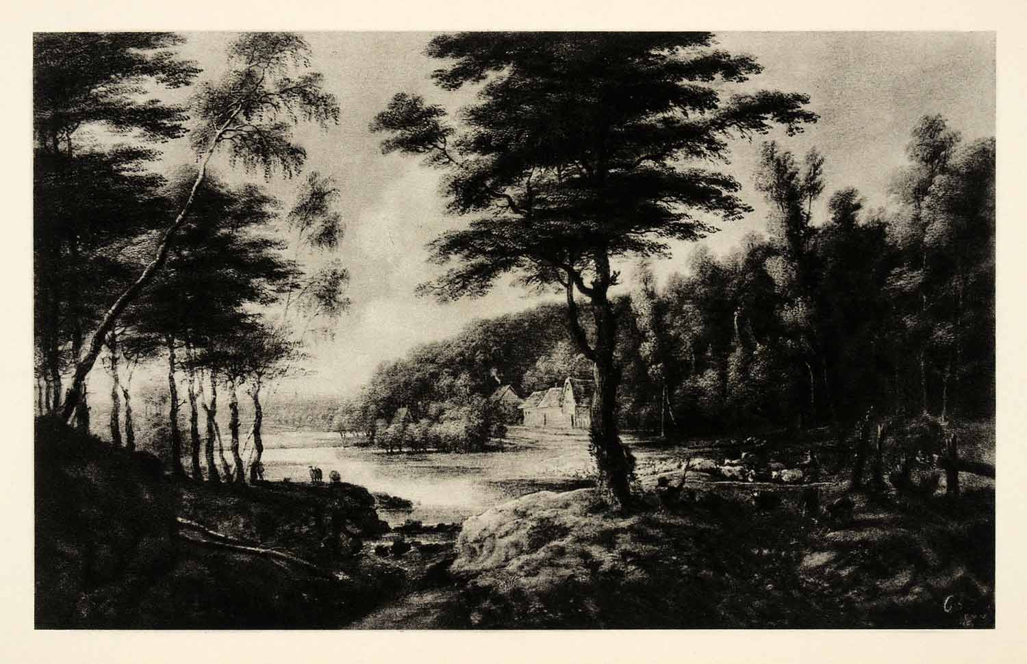 1939 Photogravure Lucas Van Uden Landscape Lake Forest Tree River Stream XAG5