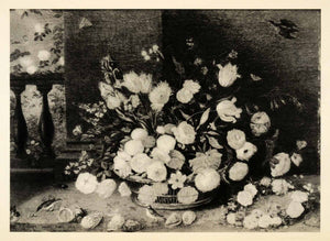 1939 Photogravure Jan Kessel Basket Flowers Still Life Floral Bird Table XAG5