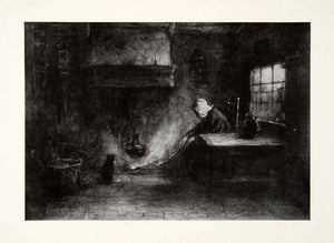 1924 Print Chimney Corner Josef Israels Dutch Painter Woman Cat Fireplace XAG7