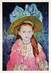 1965 Print Pablo Picasso Girl Hat Dress Pink Bonnet Portrait Art Blue Period