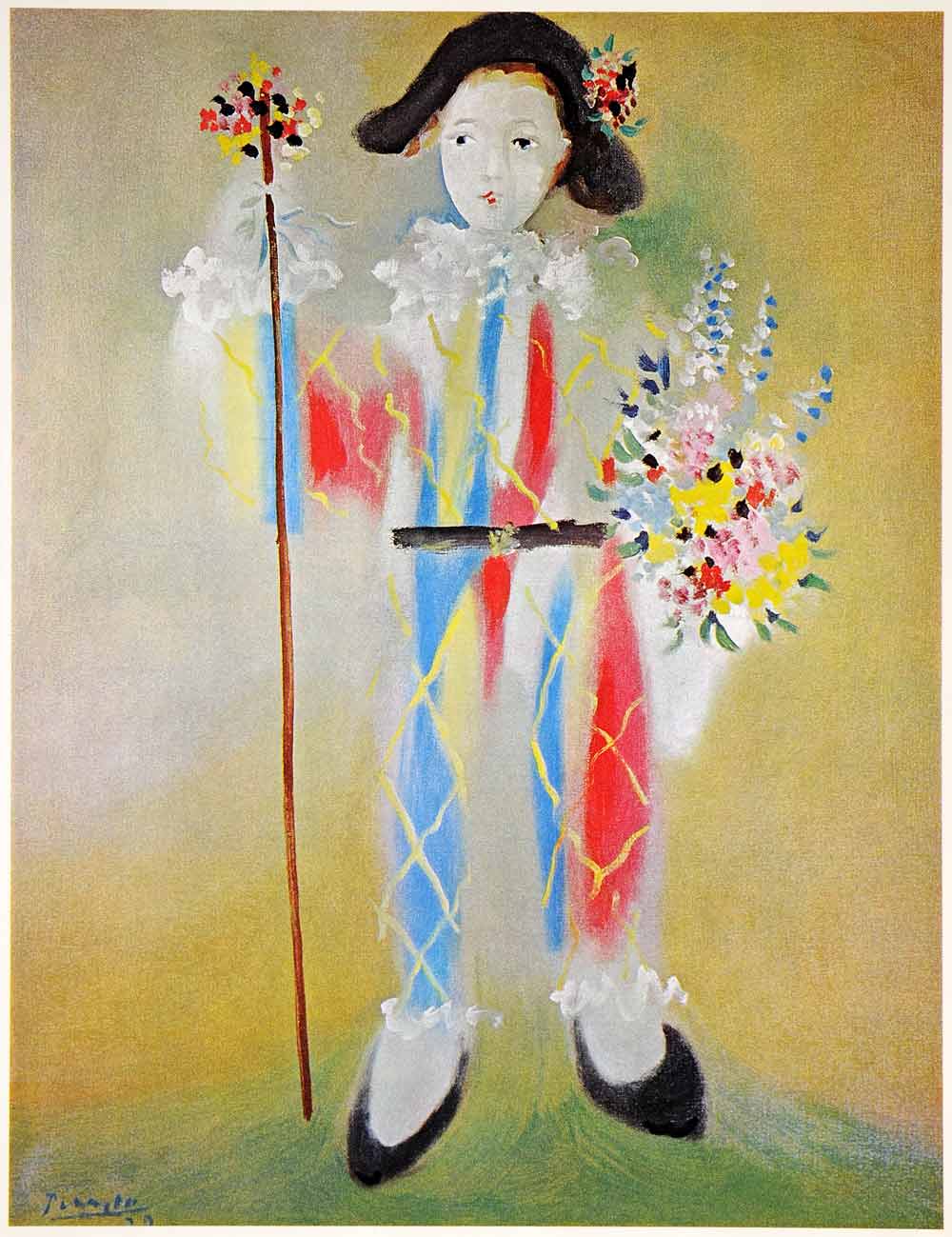 1965 Print Pablo Picasso Paulo Harlequin Flower Child Hat Costume Staff Son Art
