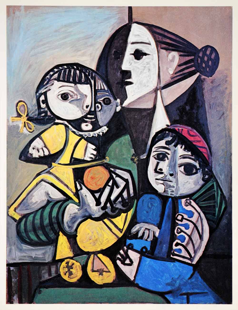 1965 Print Pablo Picasso Mother Children Orange Family Portrait