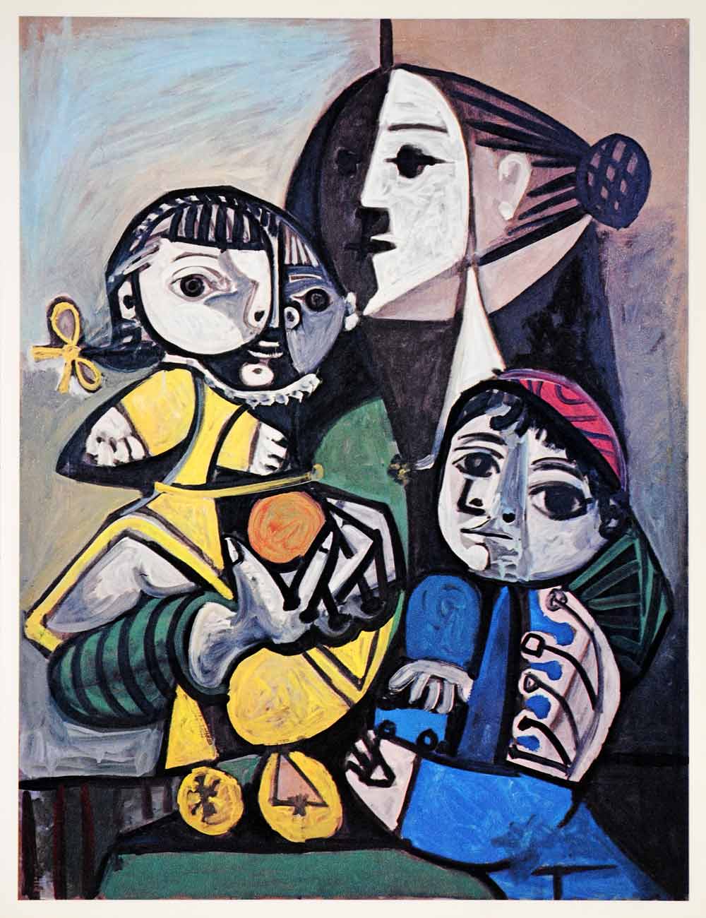 1965 Print Pablo Picasso Mother Children Orange Family Portrait Abstract Art