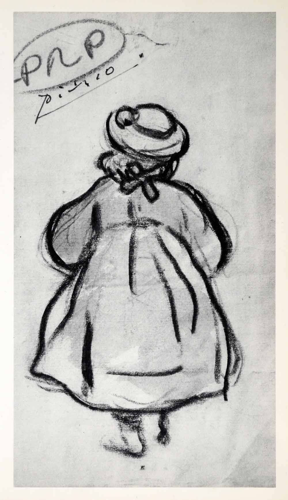 1965 Print Pablo Picasso Little Girl Rear View Hat Dress Line Sketch Art Cartoon