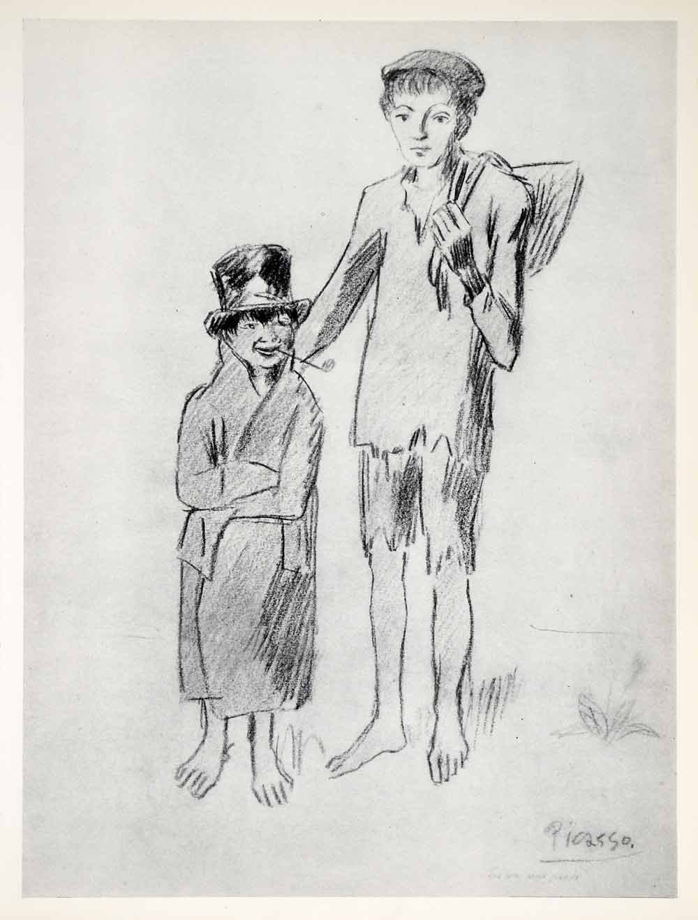 1965 Print Pablo Picasso Barefoot Boys Poor Hat Jacket Art Sketch Beggar Poverty