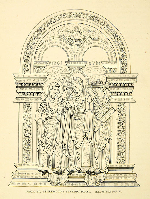 1877 Wood Engraving St Ethelwold's Benedictional Illumination Virgin Mary XAGA1