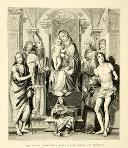 1877 Wood Engraving Virgin Mary Enthroned Saints Francia Religious XAGA1