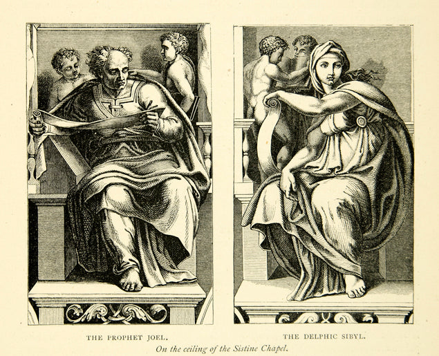 1877 Wood Engraving Michelangelo Sistine Chapel Joel Sibyl Iconography XAGA1