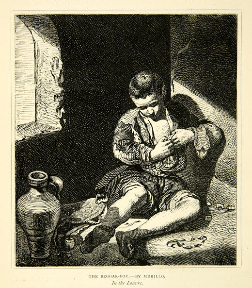 1877 Wood Engraving Beggar Boy Murillo Child Slum Art Orphan Corner Hovel XAGA1
