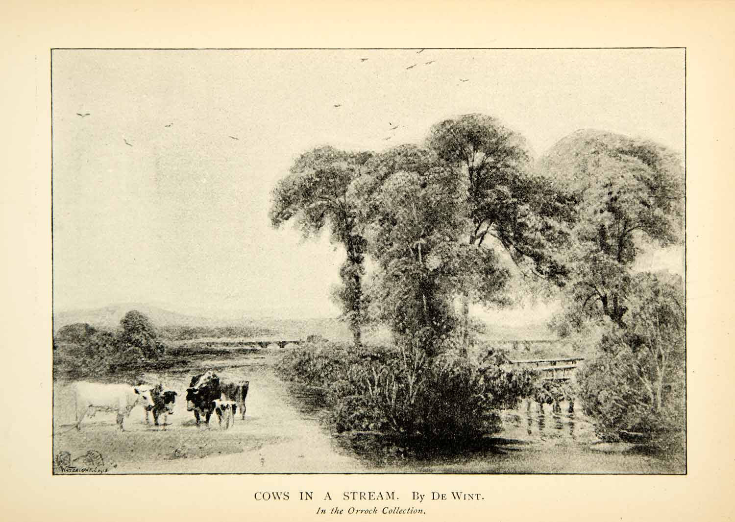 1891 Print Cows Stream Peter De Wint Countryside Landscape Bridge River XAGA4