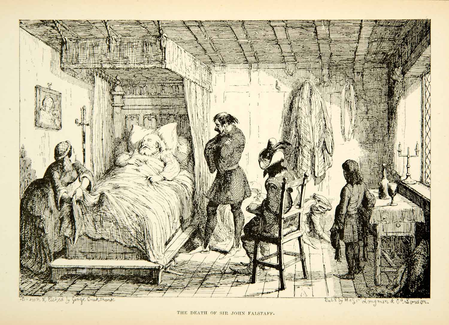 1891 Print George Cruikshank John Falstaff Death Room Bed Depressing XAGA5