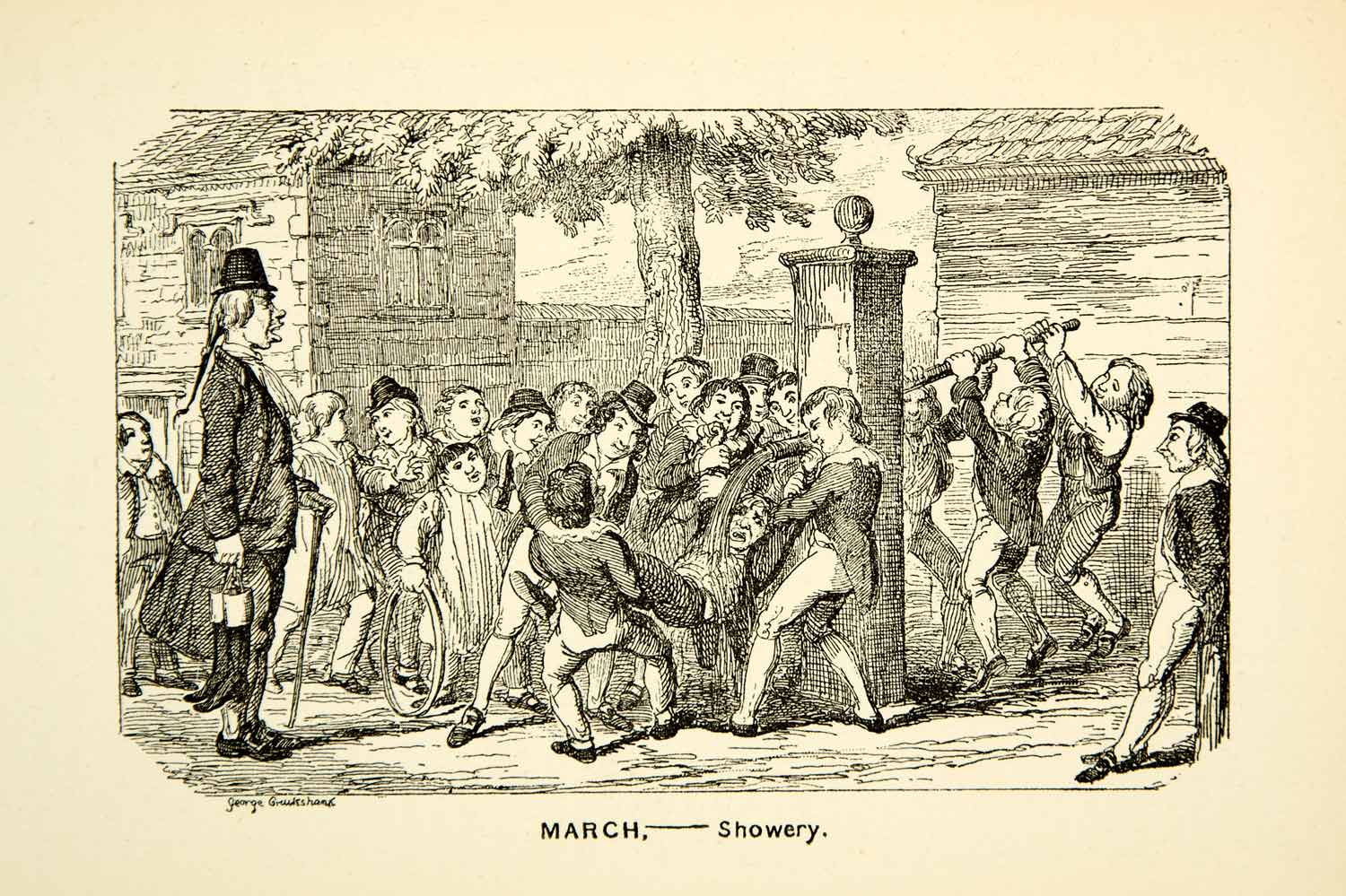 1891 Print George Cruikshank March Showery Bullying Teasing Fountain Month XAGA5