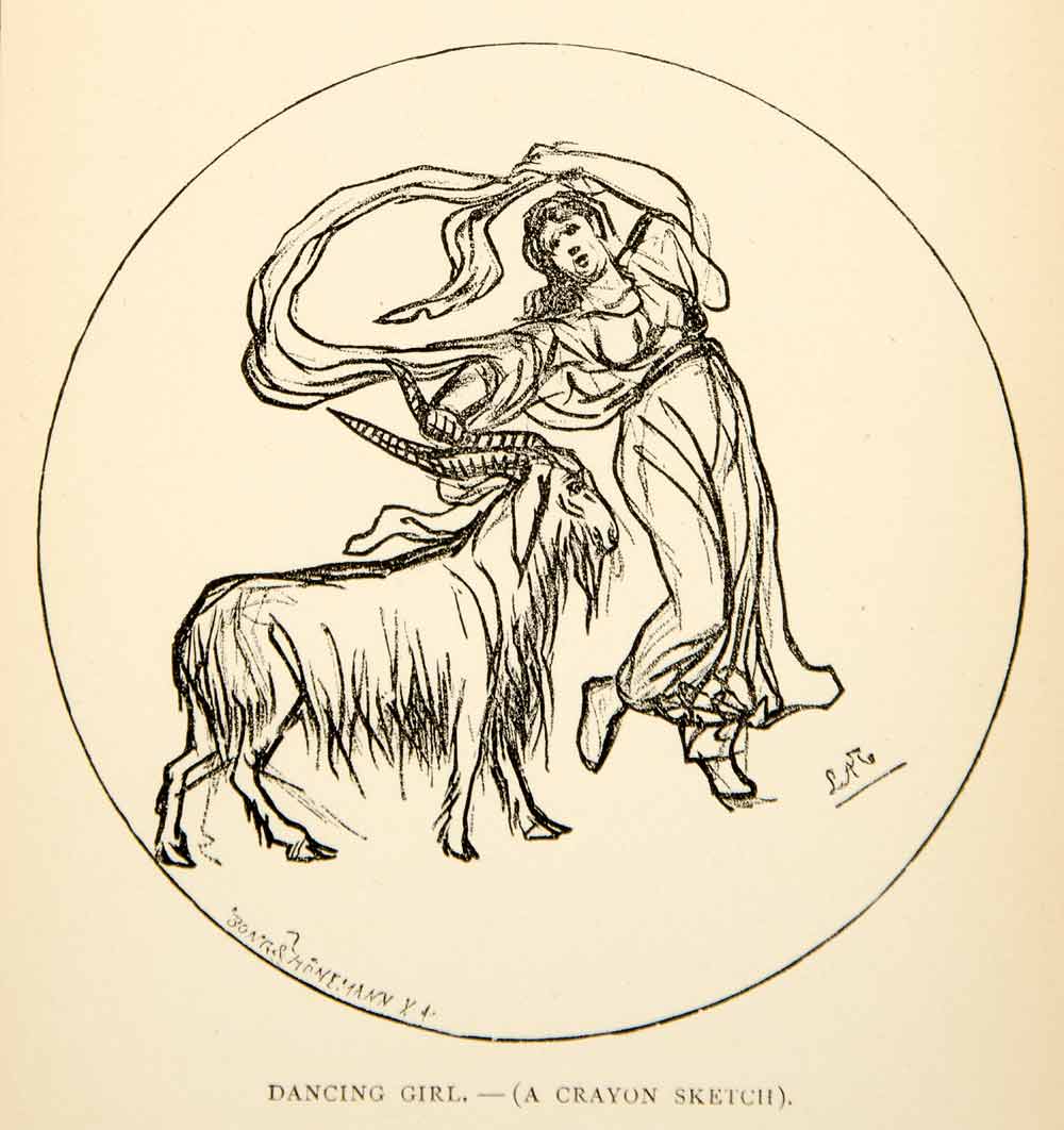 1886 Lithograph Lawrence Alma Tadema Dancing Girl Roman Goat Ram Shawl XAGA6