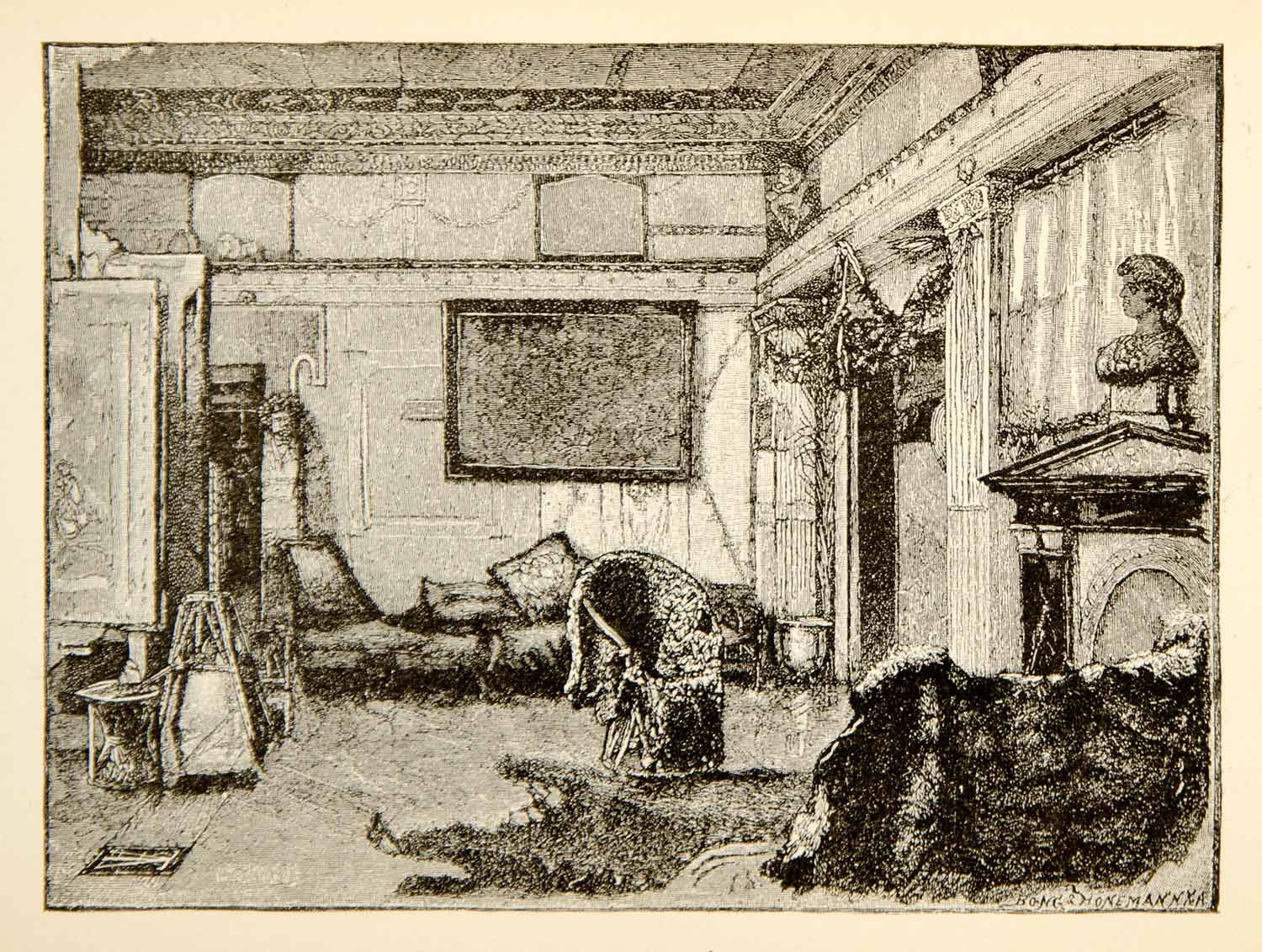 1886 Wood Engraving Lawrence Alma Tadema Studio Interior Artist Workshop XAGA6