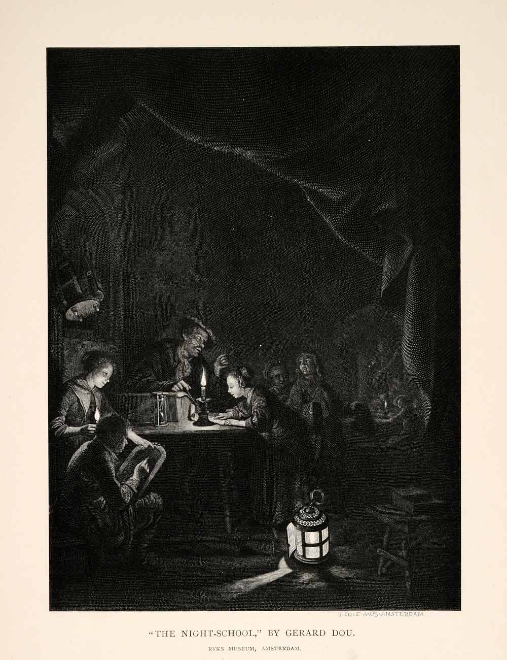 1895 Wood Engraving Timothy Cole Gerard Gerrit Dou Night-School Dutch XAH7