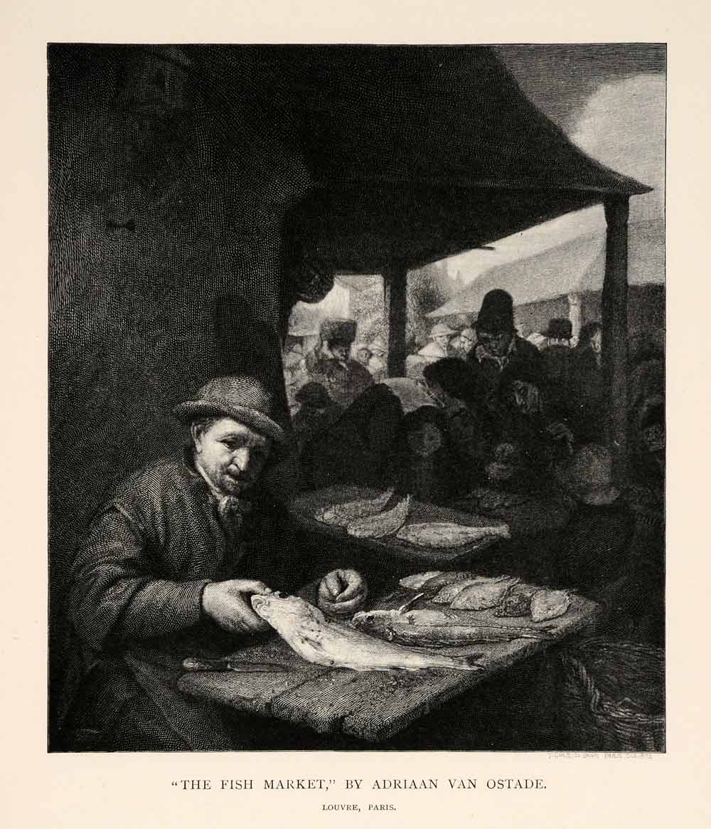 1895 Wood Engraving Timothy Cole Adriaan Van Ostade Fish Market Dutch XAH7