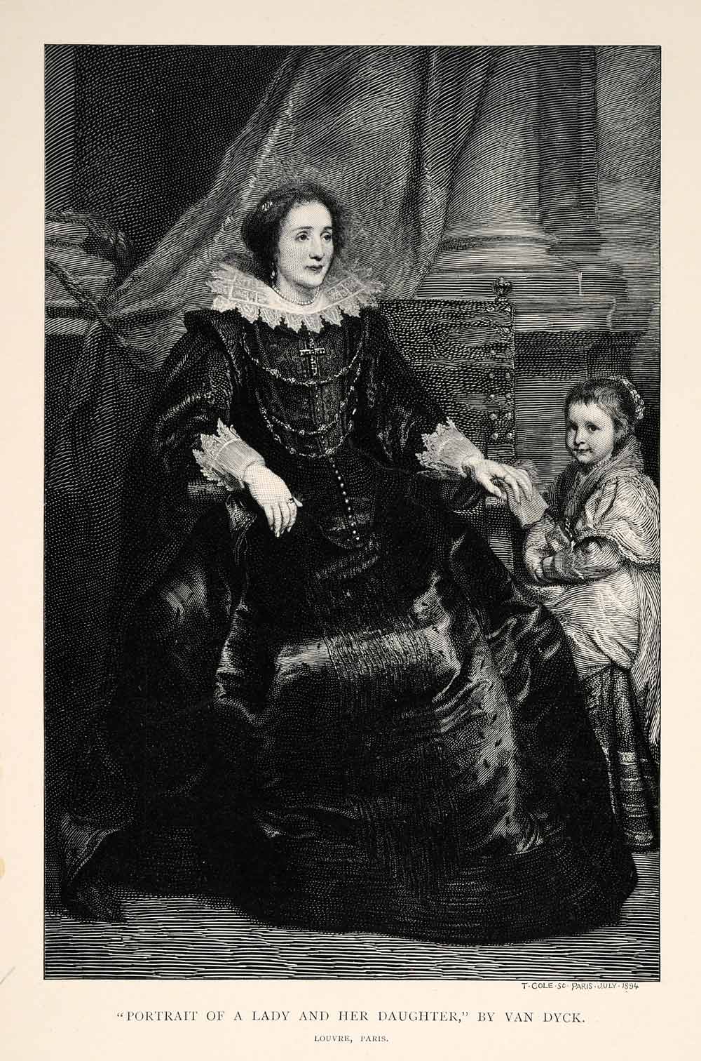 1895 Wood Engraving Timothy Cole Anthony Van Dyck Portrait Lady Daughter XAH7
