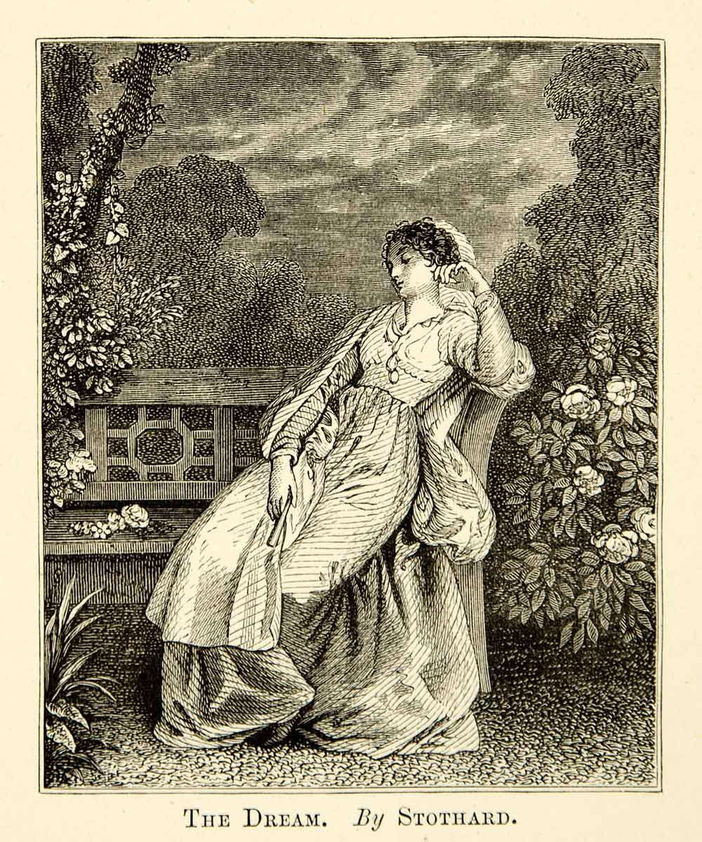 1883 Wood Engraving Dream Thomas Stothard Sleeping Woman Outdoors Bench XAHA2