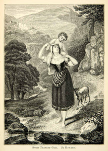 1883 Wood Engraving Swiss Peasant Girl Howard Baby British Art Path Goat XAHA2