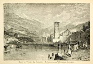 1883 Wood Engraving Trent Tyrol Augustus Callcott Landscape Tower River XAHA2