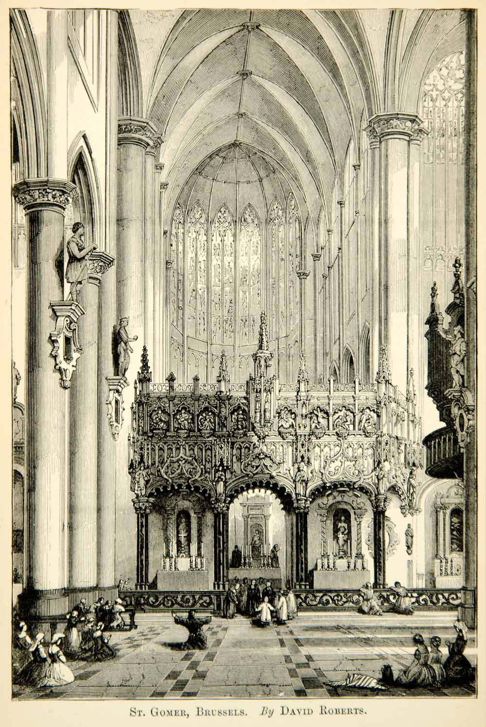 1883 Wood Engraving David Roberts Interior St Gomer Cathedral Brussels XAHA2