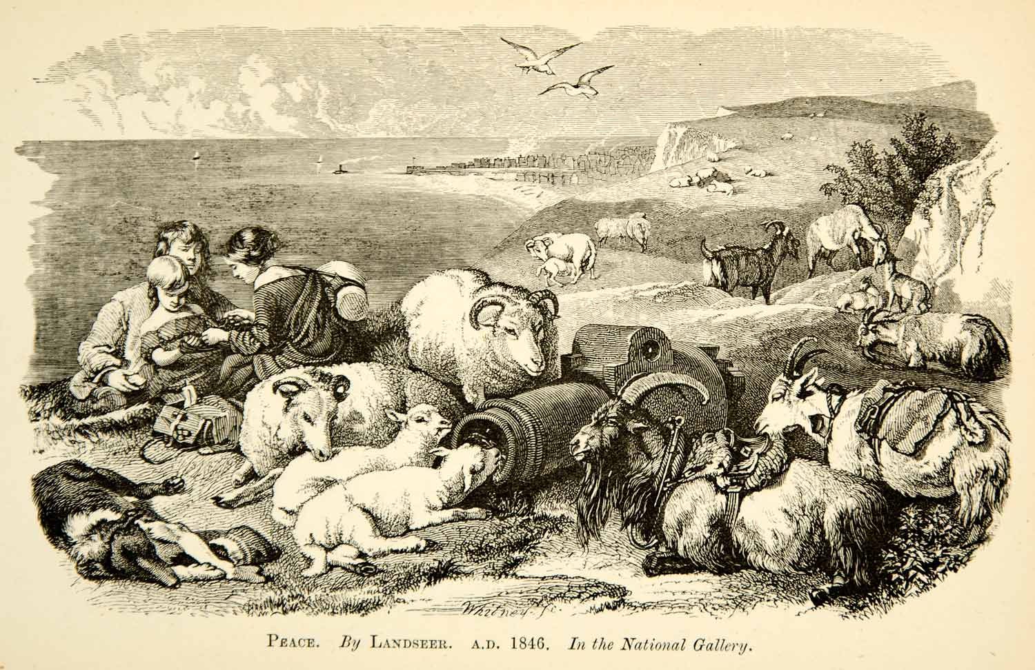 1883 Wood Engraving Peace Edwin Henry Landseer Goats Picnic Cliffs Shore XAHA2