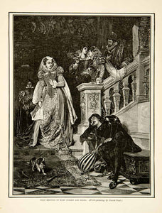 1879 Wood Engraving David Neal Meeting Mary Stuart Rizzio Renaissance Dog XAHA5