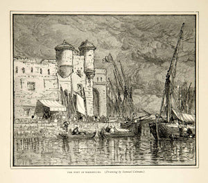 1879 Wood Engraving Samuel Colman Port Marseilles Dock Harbor River Boat XAHA5