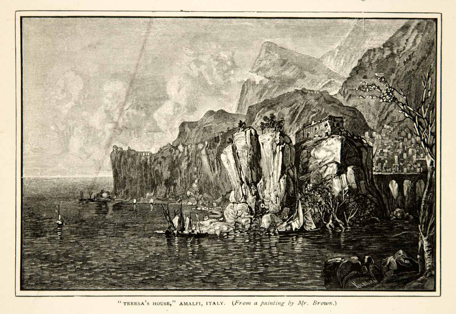 1879 Wood Engraving George Loring Brown Teresa's House Amalfi Italy Cliffs XAHA5