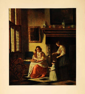 1925 Tipped-In Print Woman Peeling Apples Child Interior Dutch Pieter De XAI1