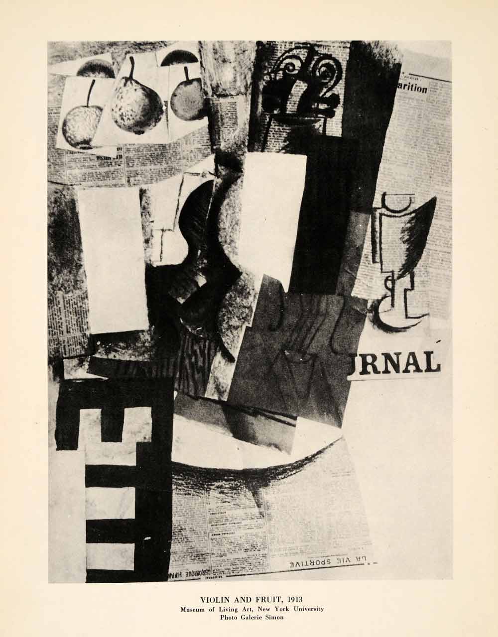 1940 Print Pablo Picasso 1913 Abstract Modern Art Violin Fruit Newspaper Collage