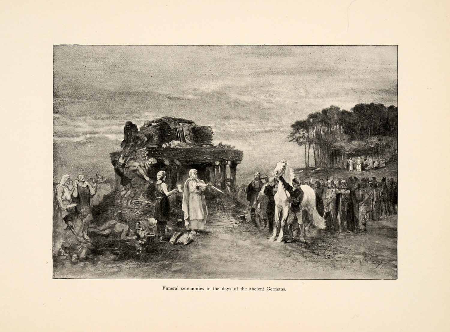 1898 Print Charles Rochussen Art Ancient German Funeral Procession Tomb XAI8