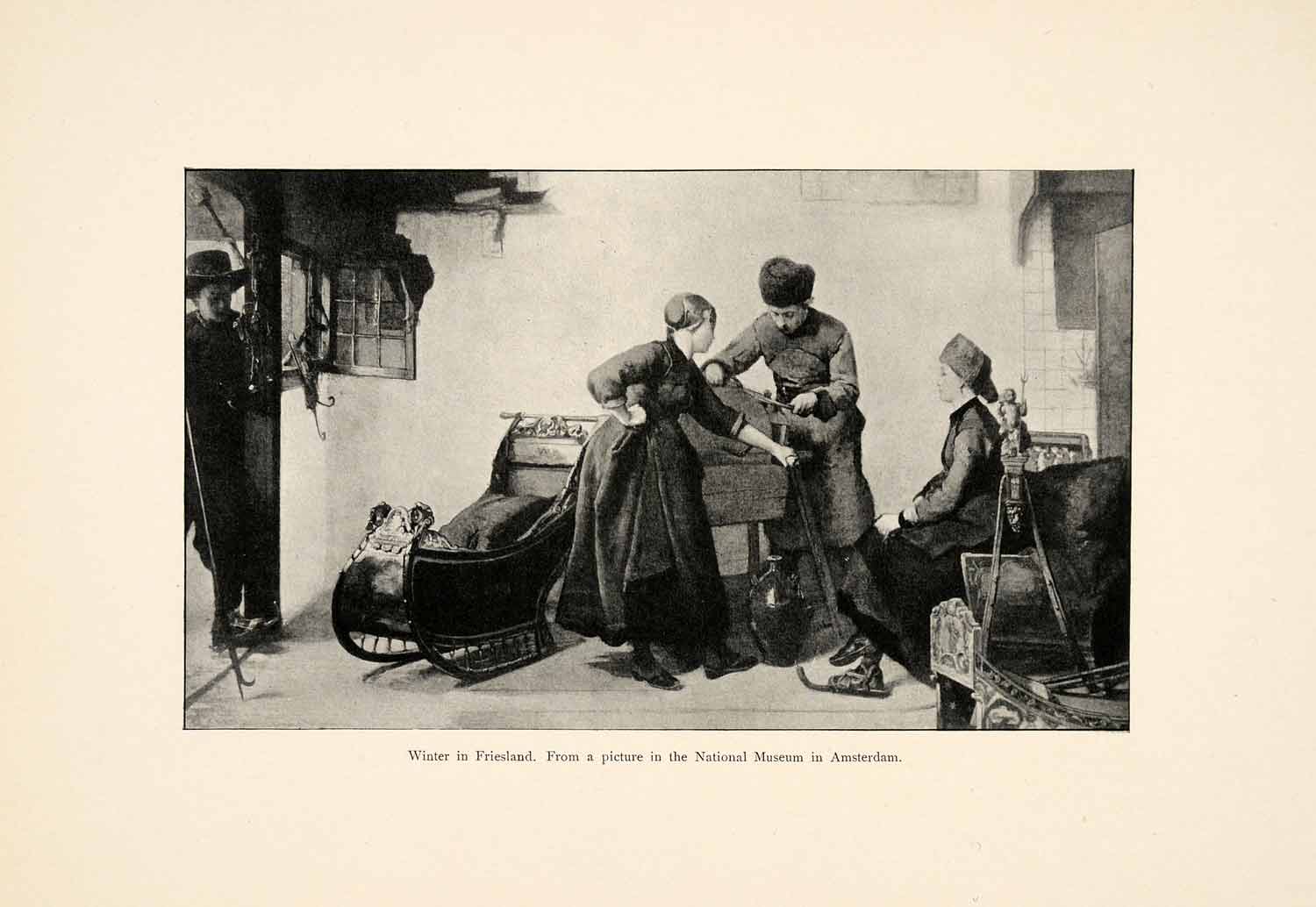 1898 Print Christopher Bisschop Art Friesland Winter Sleigh Snowshoe XAI8