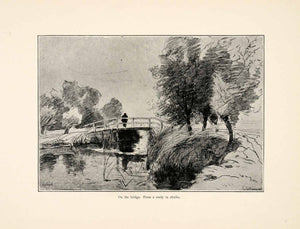 1898 Print Paul Joseph Constantin Art Footbridge Rural Landscape Chalk XAI8