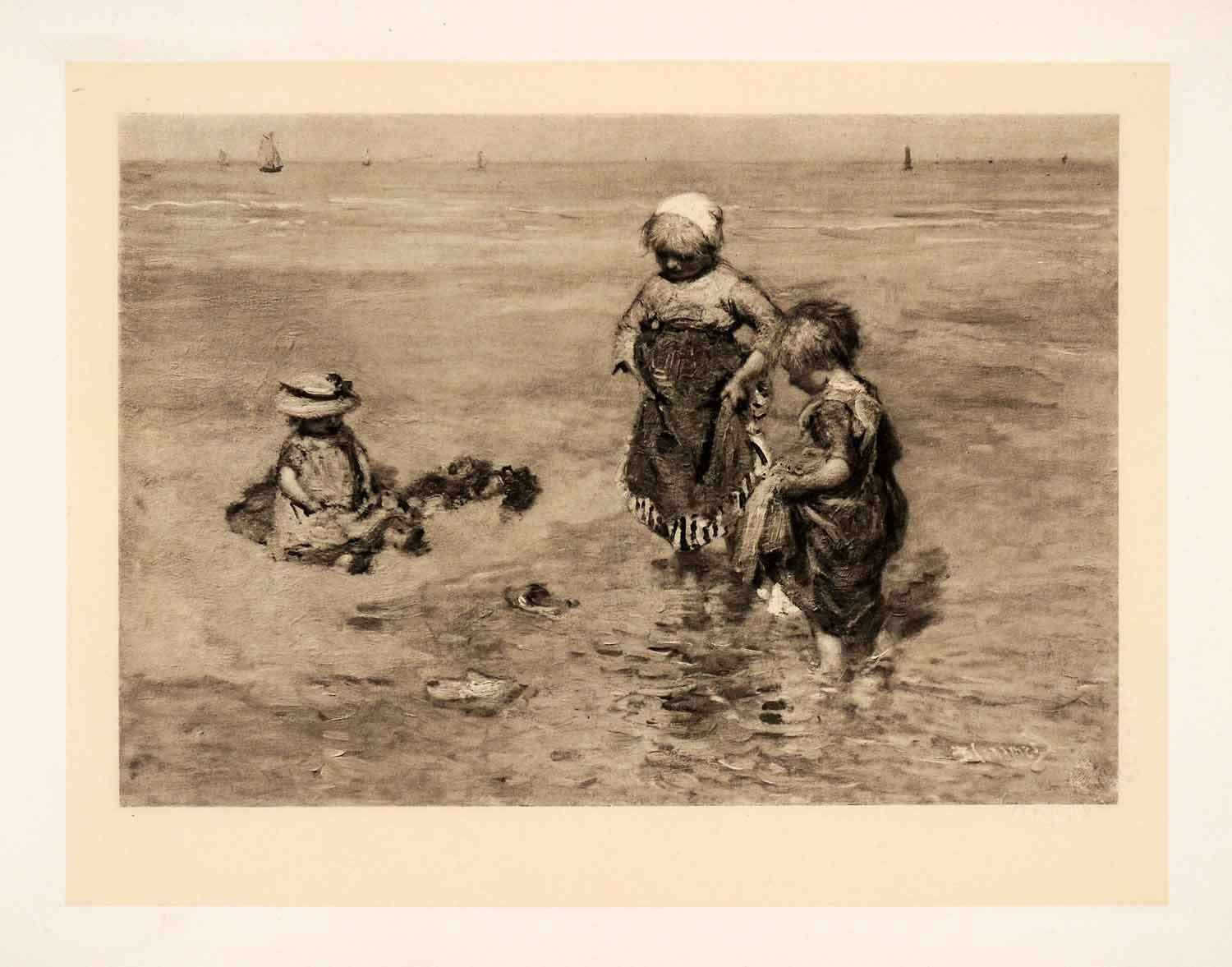 1899 Photogravure Sea Shore Children BJ Blommers Ocean Painting Dutch Water XAI9