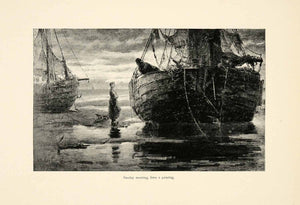 1899 Print Sunday Morning Boat Ship Seashore Dock Beach Dutch Henry Will XAI9