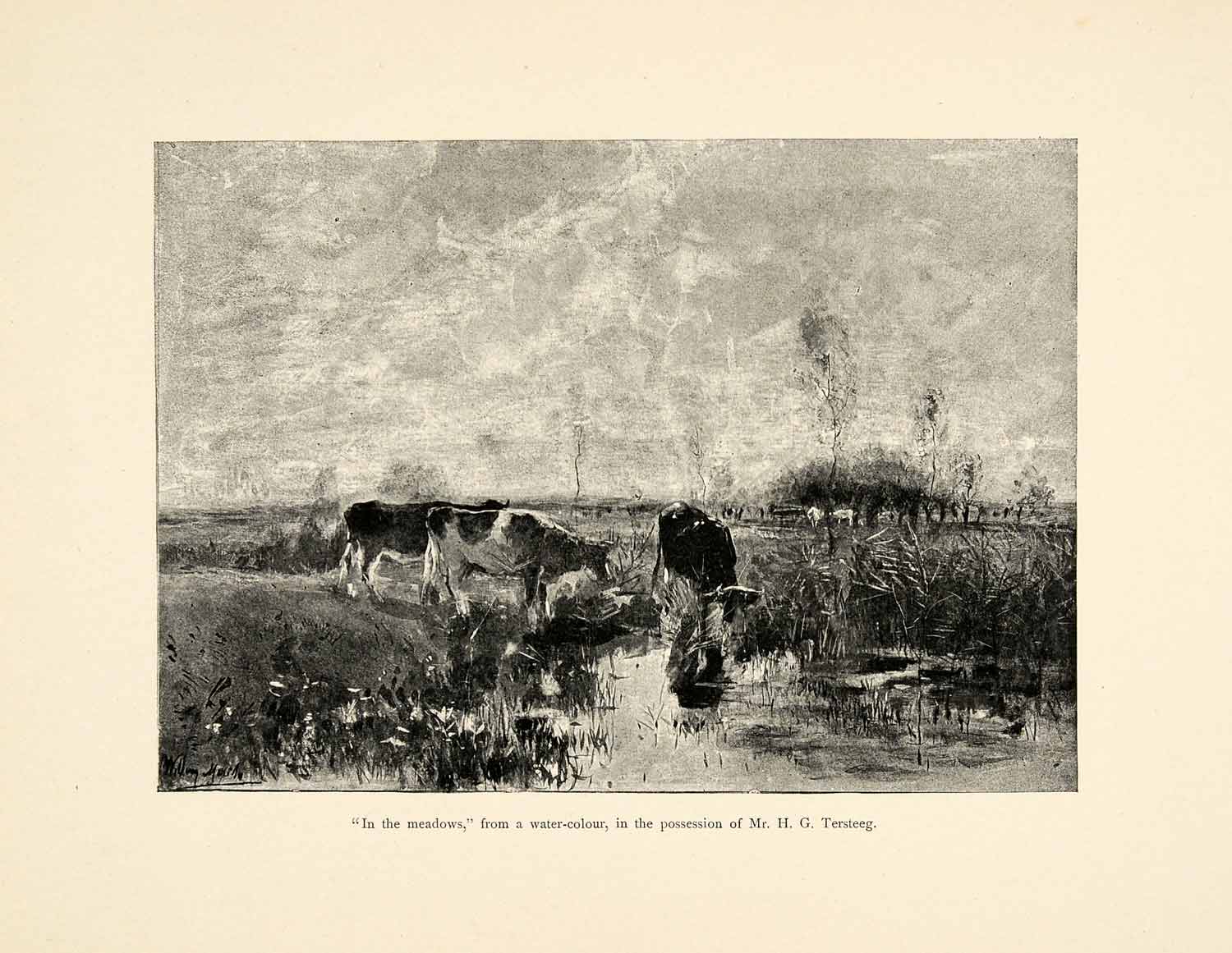 1899 Print Meadows Water Color Cow Cattle Stream Landscape Scenery William XAI9