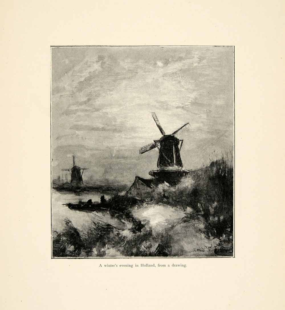 1899 Print Windmill Holland Winter Evening Drawing Dutch Lodewijk Apol XAI9