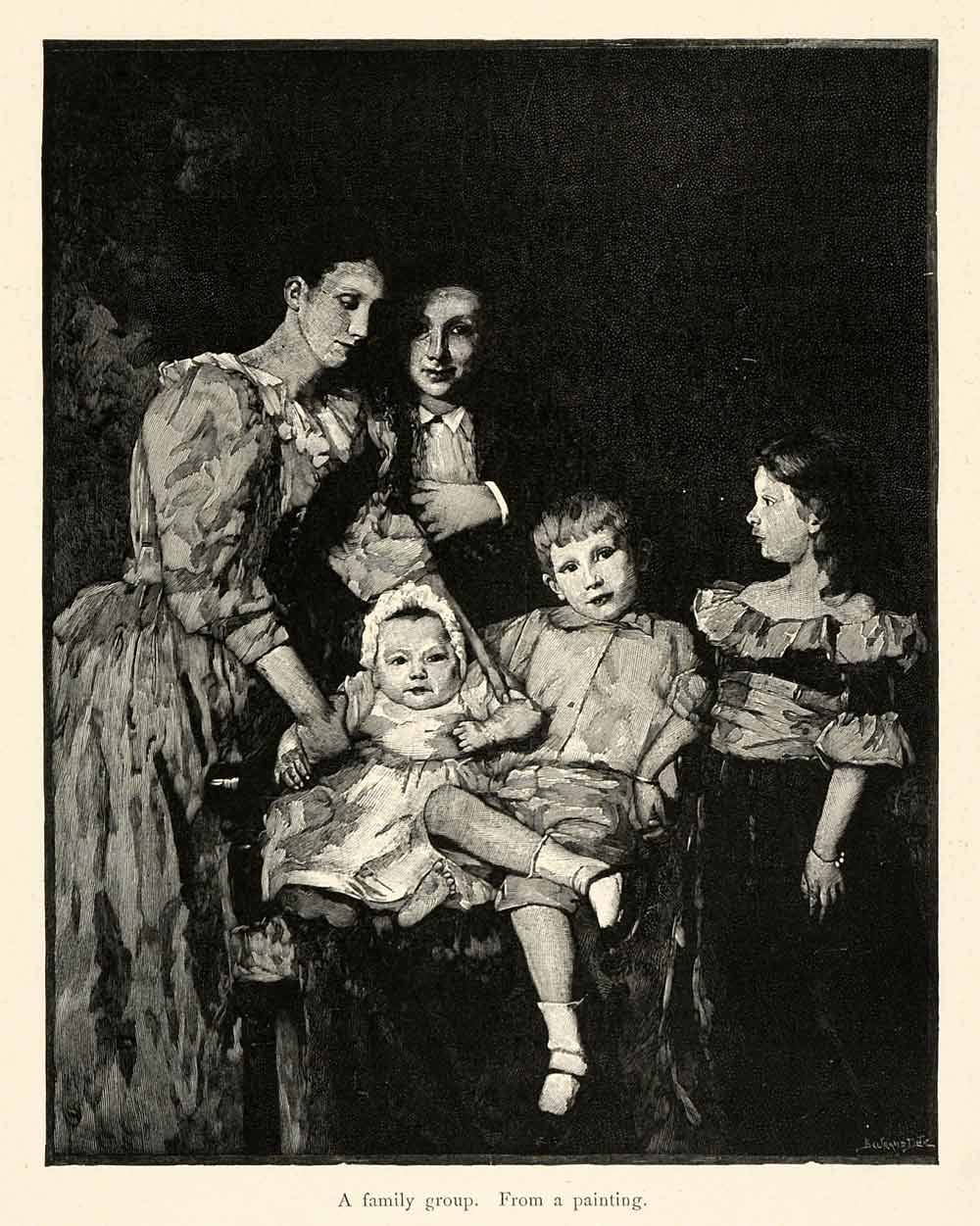 1899 Wood Engraving Family Group Painting Children Mother Portrait XAI9