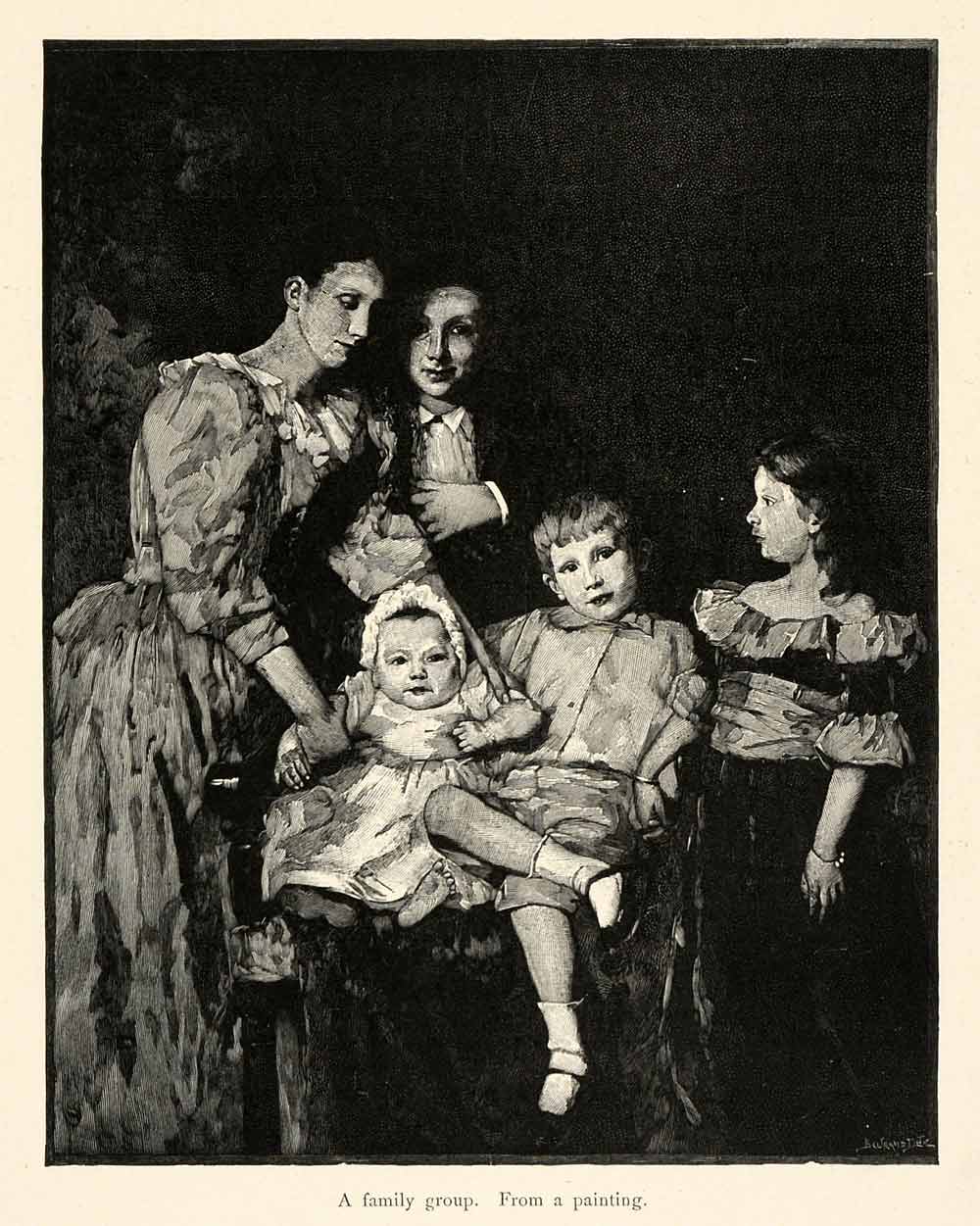 1899 Wood Engraving Family Group Painting Children Mother Portrait