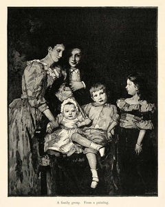 1899 Wood Engraving Family Group Painting Children Mother Portrait XAI9